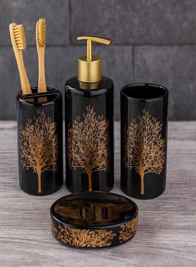 Whizzo Luxury Ceramic Bathroom Accessories Set - 4 Pcs | Black & Gold Tree Design | Soap Dispenser, Toothbrush Holder, Tumbler & Soap Dish | Elegant Bathroom Décor & Best Gifting Idea (BS-829, Black) - Image 3